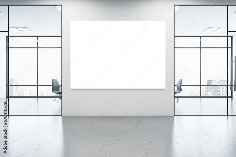 Poster modern gallery interior with empty white banner, windows with city view, reflections on concrete flo