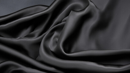Black Silk Satin with Gentle Drapes, Silk Satin with Soft Folds, Silk Fabric Background, Silk Fabric Soft Folds, Luxury Background, 8K UHD