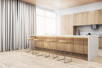 Clean wooden kitchen interior with equipment, island, curtain and window with city view and daylight. 3D Rendering.