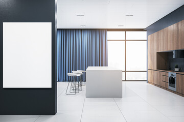 Modern wooden kitchen interior with blank white mock up place on dark wall, equipment, island, curtain and window with city view and daylight. 3D Rendering.