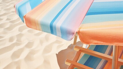 A close-up of a beach chair's woven fabric, protected from the midday sun by a large pastel umbrella.