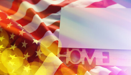 Abstract background. House symbol on the American flag. Real estate insurance. Housing security.