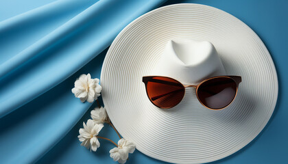 A pristine white sun hat, complemented by amber-tinted sunglasses, rests on a vivid azure background, accented by delicate white blossoms.