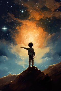 Cartoon little boy reaching for the stars, AI generated Image