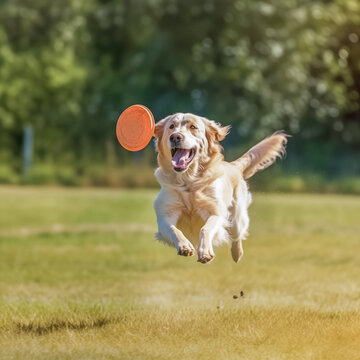 Border collie dog jumping in the air and catching a flying disc. 