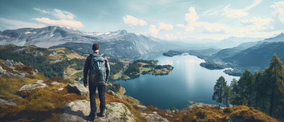  beautiful landscape with mountains and lake with young man standing in the background - obrazy, fototapety, plakaty