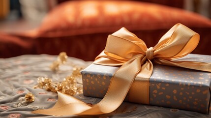 A close-up of a festive ribbon, tied elegantly around a wrapped gift.