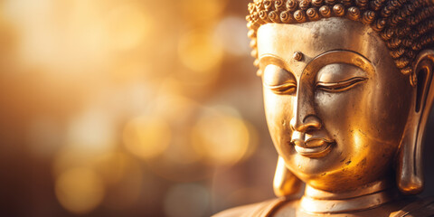 Golden buddha statue with smiling face and large space for text or copy - obrazy, fototapety, plakaty