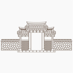 Editable Outline Style Vector Illustration of Traditional Korean Hanok Gate Building for Artwork Element of Oriental History and Culture Related Design