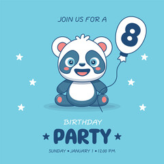 Cute baby boy panda. Birthday invitation for 8 year. Vector illustration