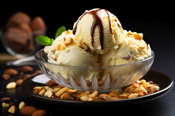 Macadamia ice cream and nuts in a bowl.  - obrazy, fototapety, plakaty