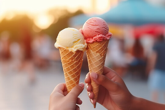 Summer ice cream cones in couple hands. 