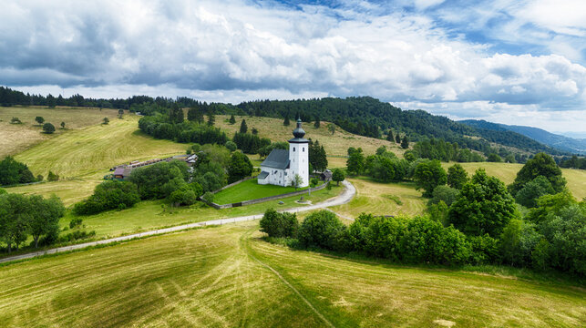 Aerial view of the church, the Slovak geographical center of Europe in the locality of Kremnicke Bane in Slovakia