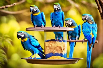 Fototapeten blue and yellow macaw ara, group of blue parrots on hanging feeder, parrots enjoying feeding,  © Syed