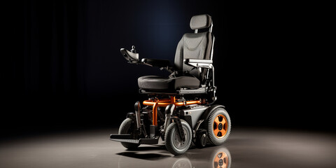 An electric wheelchair with a backrest in front of a dark background