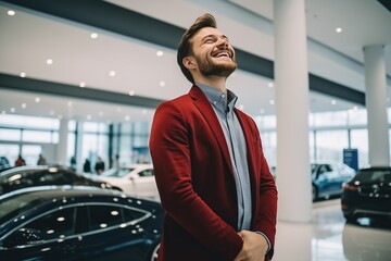 Joyful Man Imagining Buying New Car At The Showroom