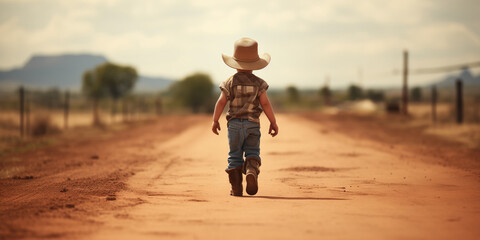 Little Cowboy Walking On Rural Road. Сoncept Nature-Inspired Portraits, Vintage-Style Photoshoot, Country Chic Theme