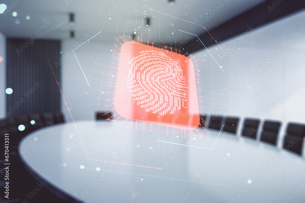 Poster Multi exposure of virtual fingerprint scan interface on a modern furnished office interior background, digital access concept