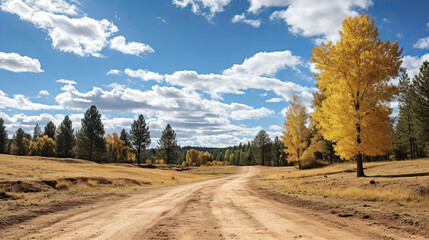 a dirt road surrounded by trees with yellow leaves on it and a blue sky with clouds above it and a dirt path in the foreground.