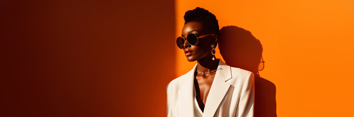 portrait of a cool and modern black woman with sunglasses in front of a orange wall background with copy space - obrazy, fototapety, plakaty