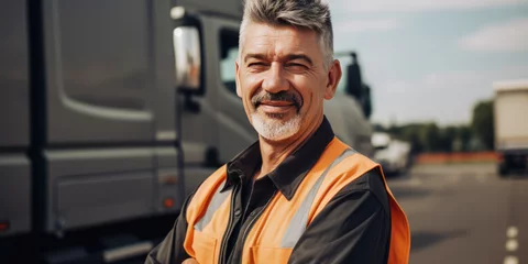 Foto op Canvas delivery driver adult elderly senior standing in front of shipping lorry cargo truck concept of employment job occupation in logistics business industry  © annaspoka