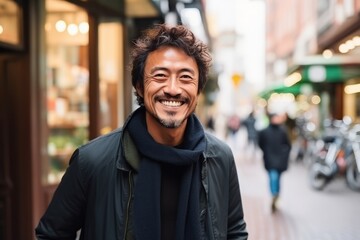 Portrait of a handsome asian man smiling in the city. - obrazy, fototapety, plakaty
