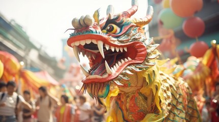 Close up of Chinese Dragon Head performing its traditional dragon dance festival. Chinese New Year celebration 2024.. - obrazy, fototapety, plakaty