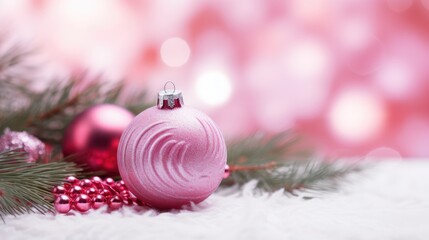Naklejka na ściany i meble Pinkmas concept. Pink Christmas tree branches decorated with ornaments in pink color. Merry Xmas, Happy New Year 2024 in trendy colors. Vibrant colorful background for cards, invitations, greetings.