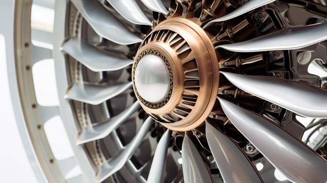 A close-up shot capturing the intricate details of an airplane's engine turbines, with every rivet and blade defined, isolated on a pristine white background.