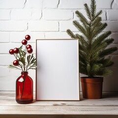 Christmas Card With Picture Frame. Copy Space For Advertisement. White Christmas Decoration Like Snowflakes, Tree, Golden Balls And Reindeer. Vintage, Wooden Background