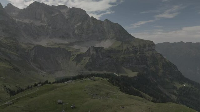 Aerial footage over the Bannalpsee reservoir in Wolfenschiessen, Switzerland