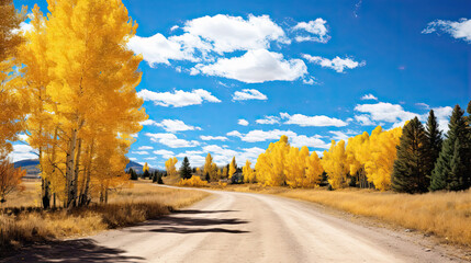 a dirt road surrounded by trees with yellow leaves on it and a blue sky with clouds above it and a dirt path in the foreground.