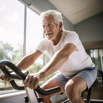 Senior man on a stationary bike at the gym.