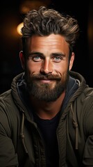 Obraz premium Attractive swedish man with stylish hair and beard laughs at funny story from friend with crossed hands and closed eyes. Man portrait illustration. Generative AI