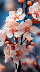 Beautiful floral spring abstract background of nature. Branches of blossoming apricot macro with soft focus on gentle light blue sky background. Floral flower illustration. Generative AI