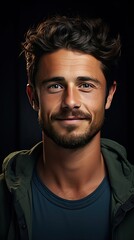 Fototapeta premium Young man with beautiful smile on background. Teeth whitening. Smile emotion illustration. Generative AI