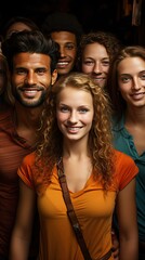 Obraz premium Hundreds of multiracial people crowd portraits headshots collection, collage mosaic. Many lot of multicultural different male and female smiling faces looking at camera. Generative AI art