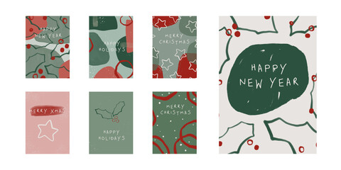 A collection of Christmas and New Year posters and cards with modern trendy abstract designs. Red and green colors. Festive forms. Stars, holly berry, snow. Hand drawn.