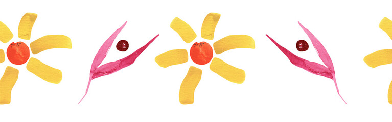 Floral pattern with orange and rose flowers. Watercolor seamless border for floral background, textile or horizontal wallpapers. Isolated illustration of design elements.