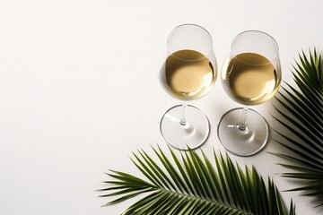 Minimal Summer Flat Lay With Wine Glasses And Palm Leaf