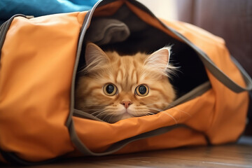 Pet Cat Eagerly Waiting In Travel Bag
