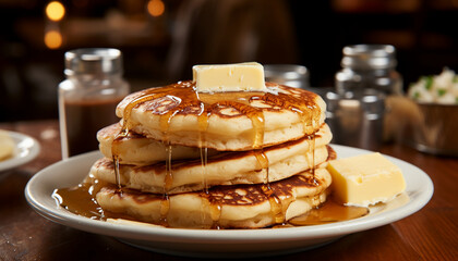 Golden pancakes stacked high on a plate, drizzled with syrup and topped with a melting pat of butter, accompanied by beverages in a cozy setting - obrazy, fototapety, plakaty