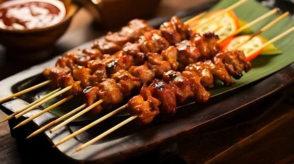 Foto op Canvas indonesian sate sticks made of chicken on mini presentation grill on restaurant table, delicious traditional food © Lucky Ai