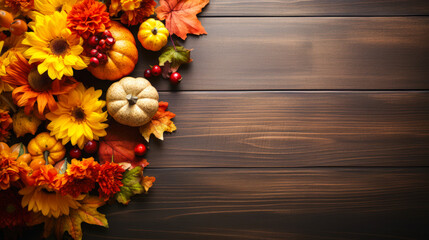 Festive table with autumn decor on wooden background, flat lay