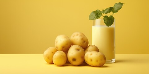 Potato Milk And Fresh Potatoes On Vibrant Yellow Background
