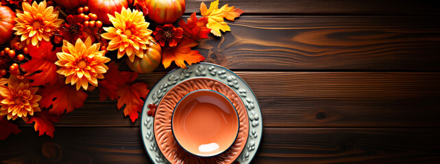 Festive table with autumn decor on wooden background, flat lay