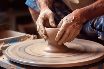 Pottery Wheel In Action, Hands Shaping Clay, Creative Process