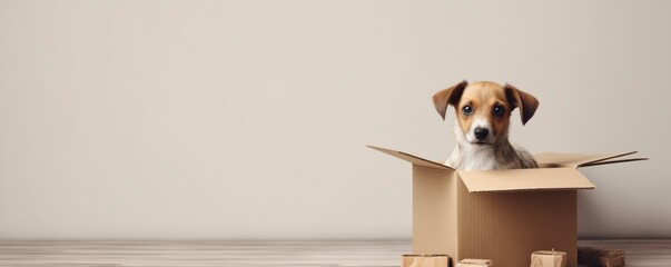 Sad Dog Next To Empty Cardboard Box, Shelter Concept