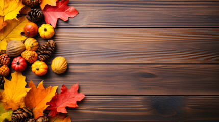 Autumn frame. Colorful maple leaves and pumpkins on wooden background. Flat lay, top view, copy space. Autumn fall, harvest, thanksgiving concept