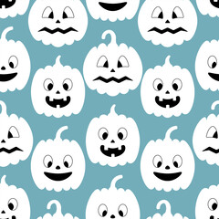 Fototapeta premium Pumpkin. White Halloween symbols. Ghostly silhouettes of vegetables with different grimaces. Seamless vector pattern. Repeating Halloween ornament on a blue background. Flat style. Jack-o'-lantern. 